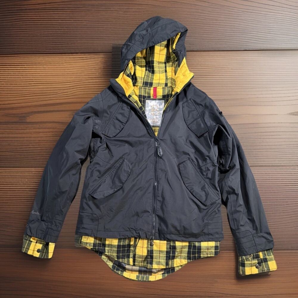 Y2K B by Burton Sz L Snowboard Jacket Black Yellow Plaid Dryride Ski Mountain